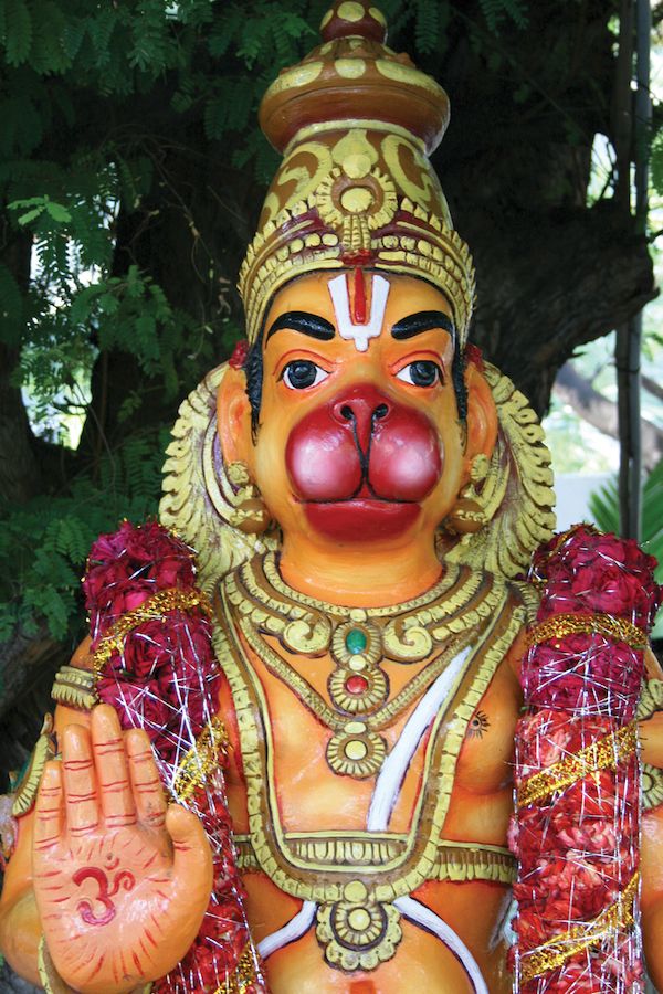 Garlanded Hanuman murti with raised blessing hand