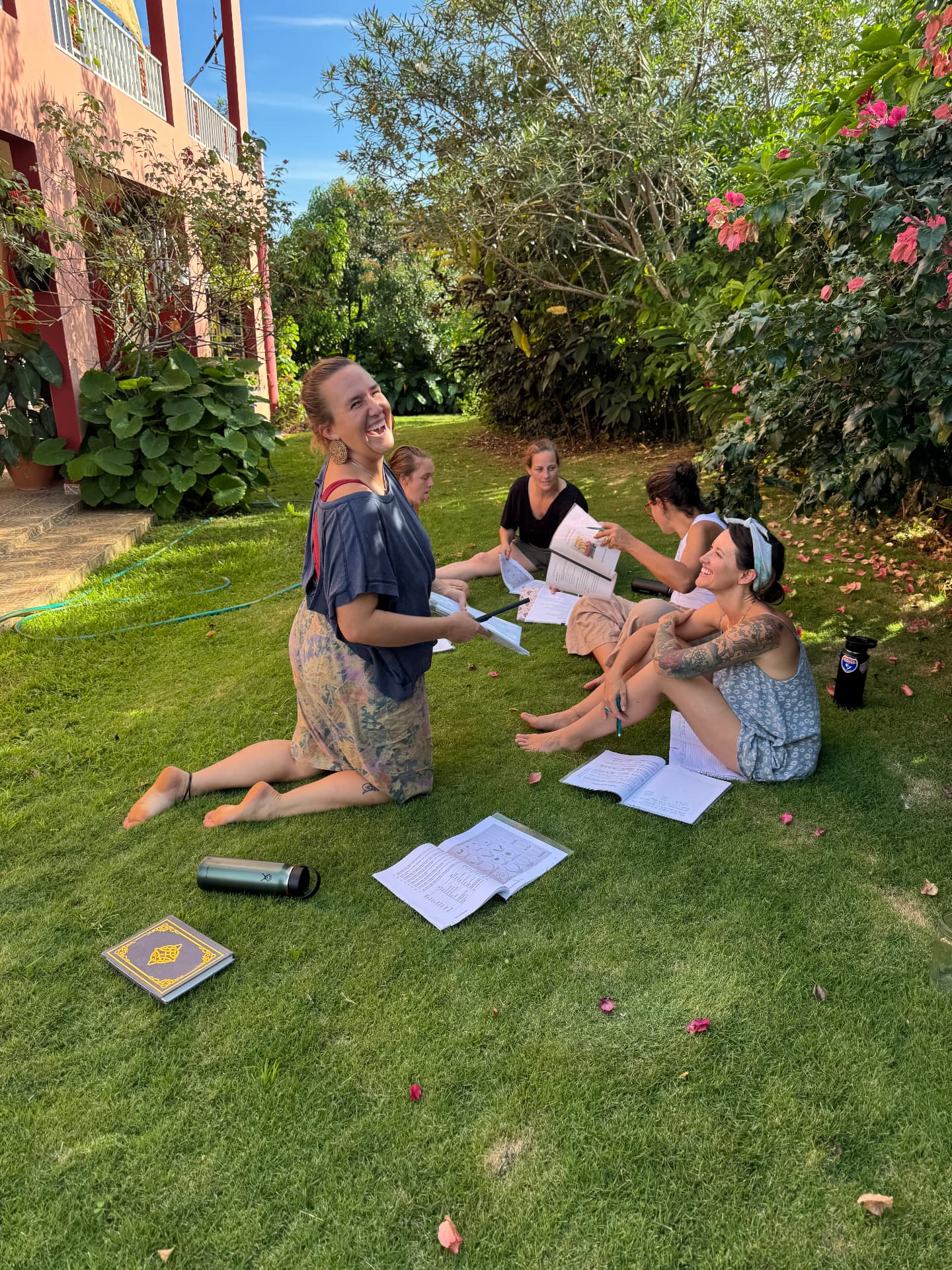 Students studying together in the garden
